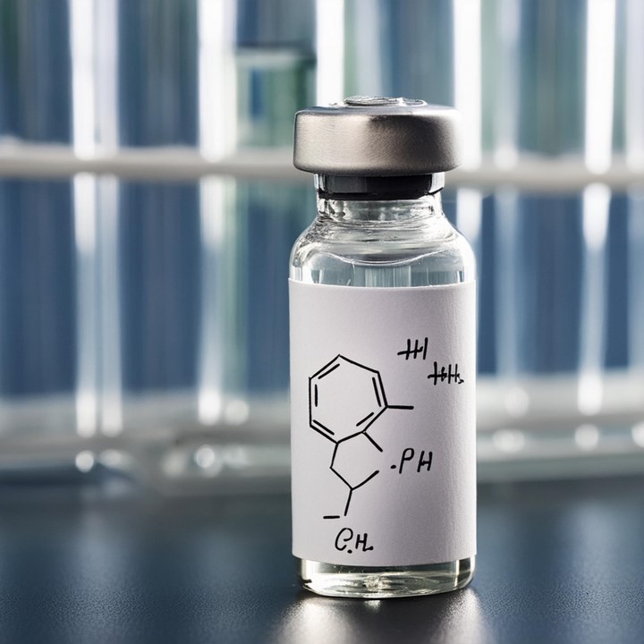 Labelled image, bottle with labelled compound